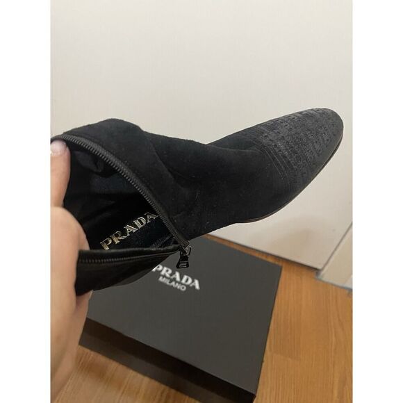 PRADA black suede leather western mid calf heeled boot size 35.5 US 5.5 - Picture 9 of 16